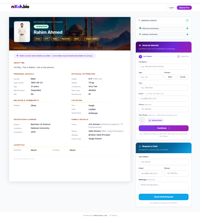 Send interest and chat requests on biodata