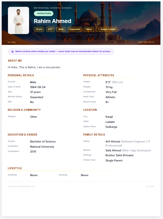 Digital matrimonial biodata profile